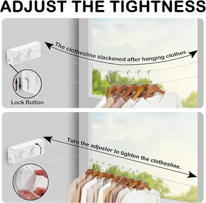 Retractable Clothesline - Heavy Duty 44lb Dual 304 Stainless Lines,16.7ft Anti-Sag Design,Install for Indoor/Outdoor Use (White, Dual Lines)