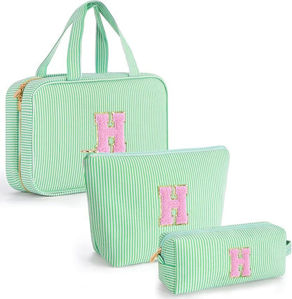 Personalized Friend Birthday Gifts - 3 Pieces Toiletry Makeup Bag Cosmetic Bags for Women Travel Make up Bag with Small Makeup Bag Wedding Bridesmaid Gifts for Women - Green H