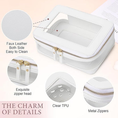 Pinkmik Clear Makeup Bag with Brush Case Travel Toiletry Bag Waterproof Cosmetic Organizer Car Essentials for Women (White, M+SLIM-1)