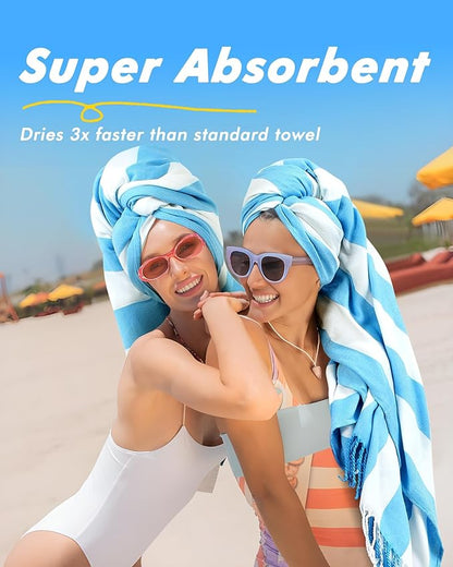 Genovega 2 Packs Oversized Turkish Beach Towels 74"x38" Thin Quick Dry Sand Free Pool Swim Bathing Towel Extra Large Blanket Adult Travel Essentials Accessories Summer Vacation Blue Pink Stripe