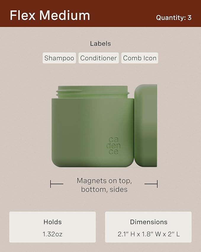 Cadence Travel Containers Haircare Capsule Set - Magnetic Containers with Lids,Carry On Travel Essentials For Women/Men - 3 Flex Mediums (1.32oz) - Shampoo, Conditioner & Comb Icon Labels - Evergreen