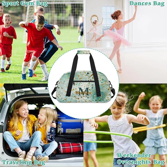 Personalized Kids Sports Duffel Bag with Name Custom Weekender Overnight Bag for Boys Girls Gym Bag Travel Dance Gymnastics Duffel Bag, Green Glitter Golden Shiny