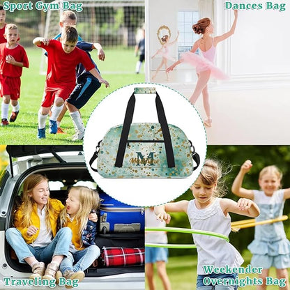 Personalized Kids Sports Duffel Bag with Name Custom Weekender Overnight Bag for Boys Girls Gym Bag Travel Dance Gymnastics Duffel Bag, Green Glitter Golden Shiny