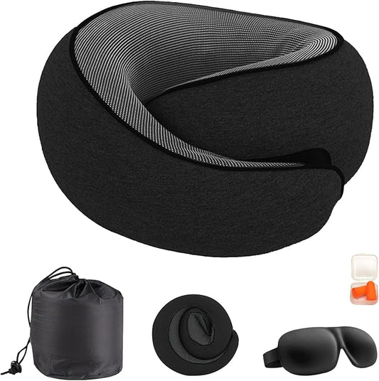Cloud Sleep Travel Pillow｜360° Adjustable Neck Pillow for Airplane & Office｜NASA Memory Foam｜Free Eye Mask & Earplugs (Black)