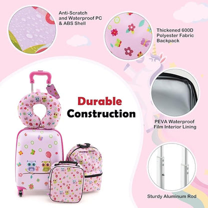 Goplus 5 Piece Kid’s Luggage Set, 16” Carry on Suitcase w/13” Backpack, Neck Pillow, Hardside Spinner Toddler Luggage, Travel Rolling Suitcase for Boys Girls Gifts (Pink, Owl)