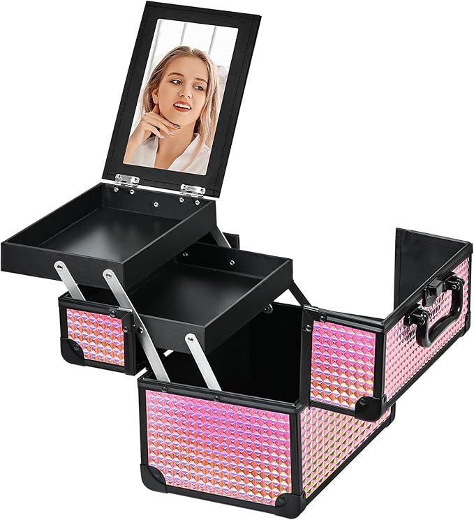 Makeup Case Organizer,Makeup Train Case, Trays Cosmetic Box Portable, Profesional for Salon Barber,Black Bright Pink