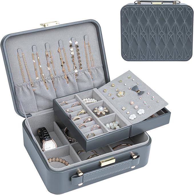 Travel Jewelry Case Large Jewelry Box Jewelry Travel Organizer Jewelry Case with Handle Removable Tray Best Gift for Women Girls (Grey)
