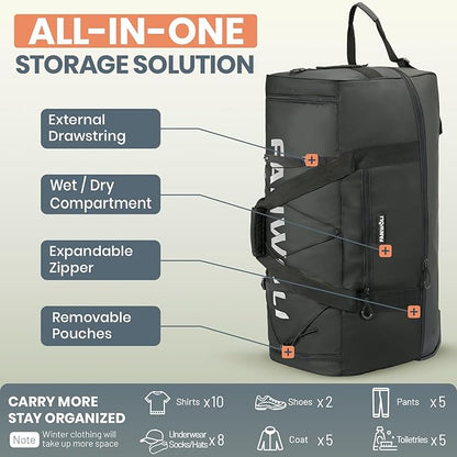Fanwoli 30'' Large Rolling Duffle Bag with 2 Wheels - No-Sag Design for Heavy Loads, Expandable 100L-120L Duffel Wheeled Luggage with Soft Handle & Lock, Waterproof Foldable for Travel, Camping,Moving