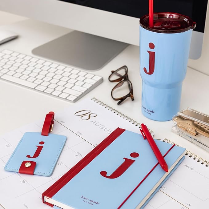 Kate Spade New York Leatherette Luggage Tag with Secure Strap, Colorful Suitcase Identifier for Travel, Monogram Bag Tag ID (J)