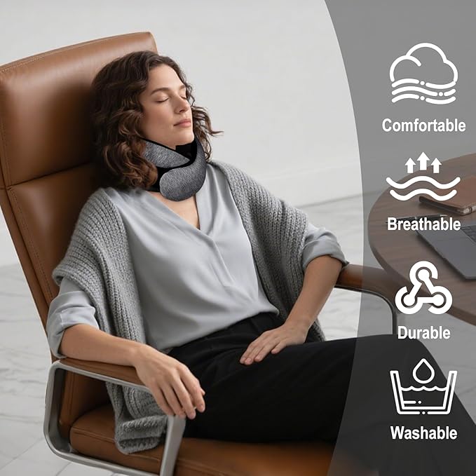 Travel Neck Pillow for Airplanes, 100% Memory Foam Neck Pillow for Sleeping, 360° Neck Support Pillow, Compact and Ergonomic Design for Travel, Car Rides, Airport (Dark Grey)