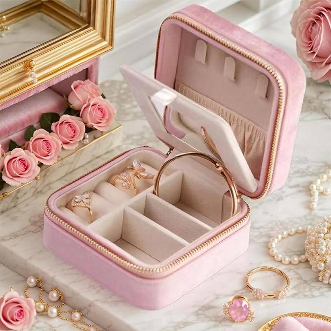 Velvet Jewelry Box, Small Travel Jewelry Organizer, Portable Jewelry Case for Women with Mirror, Pink Mini Plush Travel Box