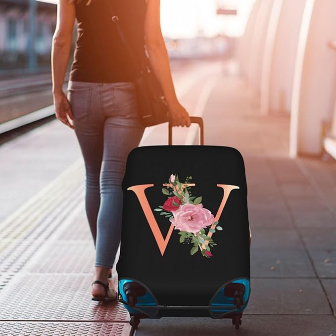 Floral Letter W Travel Luggage Cover Spandex Suitcase Protector Elastic Washable Stretch Suitcase Cover,Size L(Fit 25-28inch Suitcase)