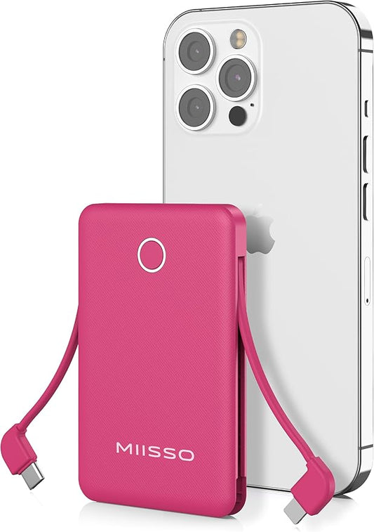 miisso 6000mah Ultra Slim Built in Cables Power Bank, Card Size Built in USB C Cords Battery Pack Portable Charger for Phones, 3 Output External Battery Pack Compatible with iPhone, Plum Red