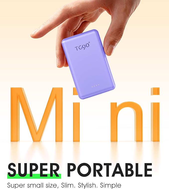 TG90° 2 Pack 5000mAh Power Bank,Small Portable Charge Built-in AC Plug and Cables,Pocket Size USB C External Battery Pack Compatible with iPhone 17 16 15 14 13 12 Samsung Google iPad,White & Purple
