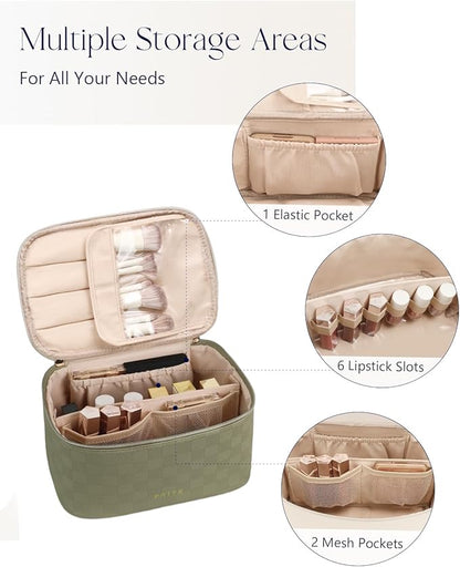 Prite Makeup Bag Portable Cosmetic Organizer with Brush Holder Waterproof Travel Toiletry Bag for Women with Handle and Divider (Checkered Green)