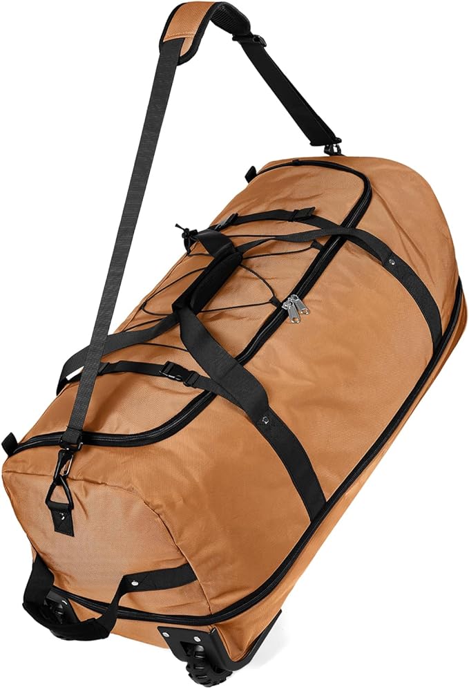 Vomgomfom 32" Soft-Sided Foldable Wheeled Travel Duffel Bag,Expandable 110L to 140L Rolling Cargo Bag with 2 Wheels and Multiple Pockets,Brown