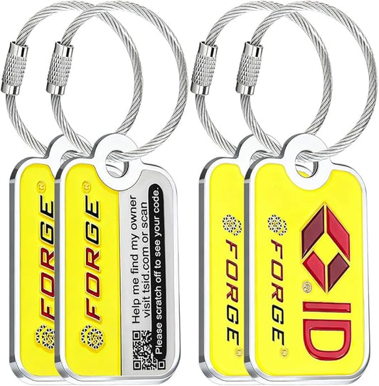 Forge Lost and Found Luggage Tags, Global Luggage Tracking Tag, WorldTracer Compatible, Travel Sentry Powered Baggage ID System for Luggage, Bags, Suitcases, and More (Yellow 4 PK)