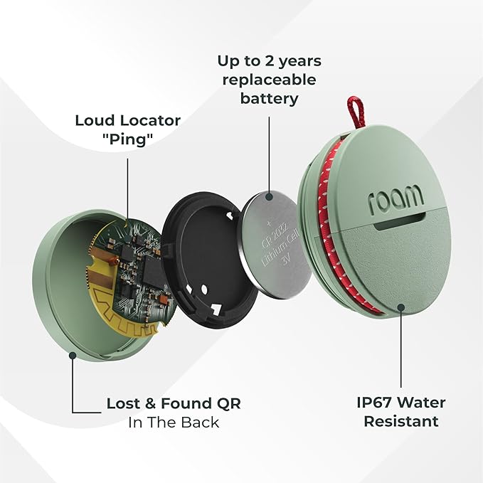 Roam Smart Tracker | Family-Friendly Eco Tracker for Keys, Bags & Kids’ Gear | Works with iOS & Android | Built-in Strap, QR Lost & Found | Replaceable Battery | No Extra App | 1-Pack, Grey