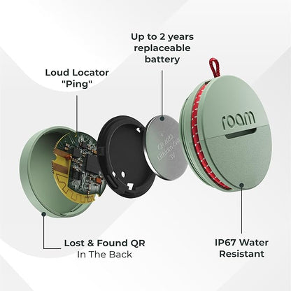 Roam Smart Tracker | Family-Friendly Eco Tracker for Keys, Bags & Kids’ Gear | Works with iOS & Android | Built-in Strap, QR Lost & Found | Replaceable Battery | No Extra App | 1-Pack, Grey