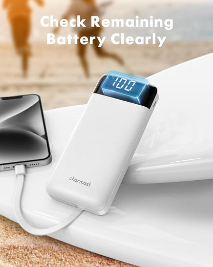 Charmast Portable Charger with Built in Cables, Power Bank with Cords Wires, Slim 10000mAh Travel Battery Pack 6 Outputs 3 Inputs 3A Fast Charging for Samsung Google Pixel LG Moto iPhone iPad