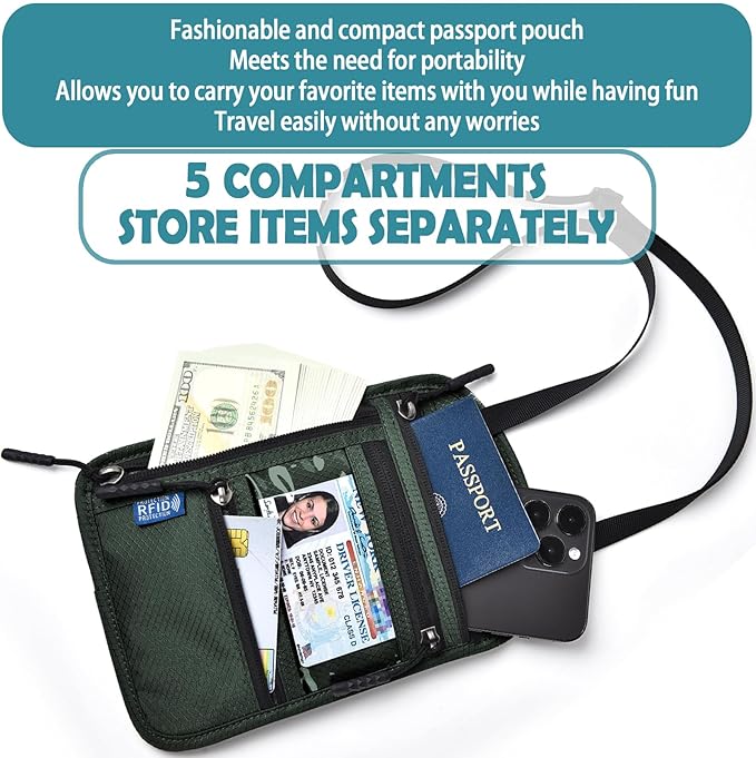 RFID Blocking Travel Neck Wallet–Hidden Passport Holder & Anti-Theft Money Pouch for Men & Women, Lightweight Concealed Travel Organizer with Adjustable Strap Secure Document