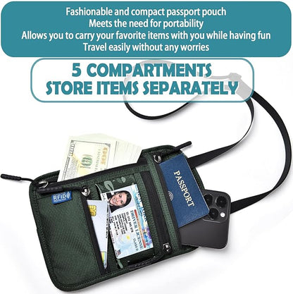 RFID Blocking Travel Neck Wallet–Hidden Passport Holder & Anti-Theft Money Pouch for Men & Women, Lightweight Concealed Travel Organizer with Adjustable Strap Secure Document