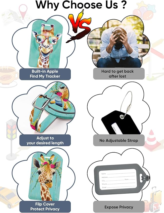 Luggage Tags Built-in Anti-Loss Tracker, Luxury Leather Luggage Tags for Suitcase, Travel Bags, Backpacks, Travel Organizer for Lost Baggage Prevention (Giraffe)