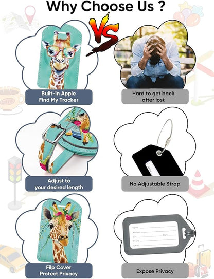 Luggage Tags Built-in Anti-Loss Tracker, Luxury Leather Luggage Tags for Suitcase, Travel Bags, Backpacks, Travel Organizer for Lost Baggage Prevention (Giraffe)