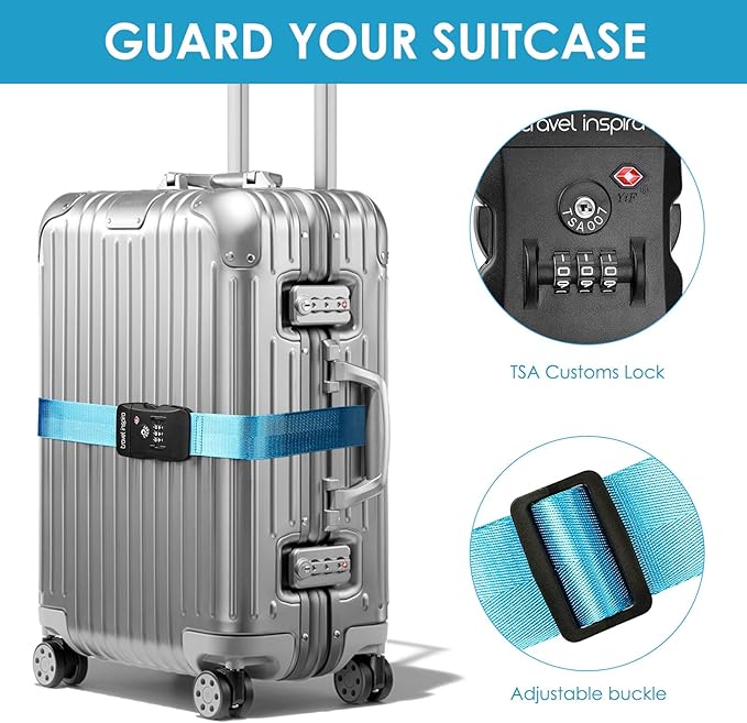 Travel Inspira Luggage Straps TSA Approved with TSA Lock Adjustable Luggage Straps Combination Lock for Suitcase Nylon Suitcase Travel Belt‎ TSA Approved Buckle Included Tags identifiers (Blue)