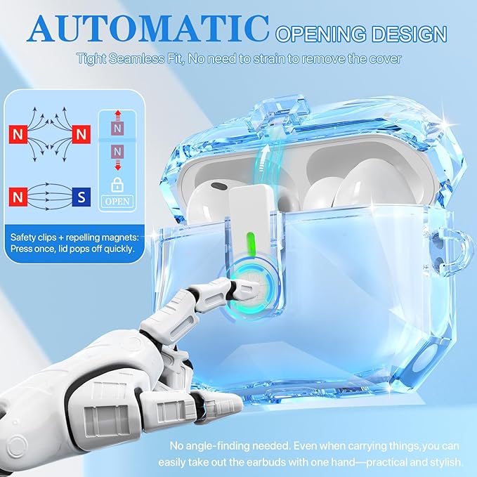 R-fun for AirPods Pro 3 Case (2025) Cover with Cleaning Kit, Military-Grade Shockproof Transparent Non-Yellowing, Auto Pop-Up Lid Design for AirPods Pro 3rd Generation Case, Clear Blue