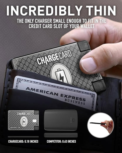 AquaVault ChargeCard – Ultra Slim Emergency Power Bank (2300mAh) – Fits in Wallet – USB-C & Micro-USB – Durable Steel Body – Flight-Safe for iPhone 12-17 & Android - Black