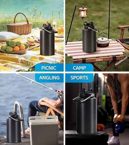 Insulated Water Bottle, 2 Pack, 1 Gallon Jug with Handle, 128 oz Stainless Steel Large Water Bottle Wide Mouth Double Vacuum for Hot & Cold Drinks, Black