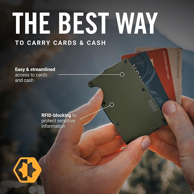 The Ridge Wallet for Men - Slim Minimalist Compact Wallet and Card Holder, RFID Protected Front Pocket Wallets with Integrated Cash Strap (Matte Olive Titanium)