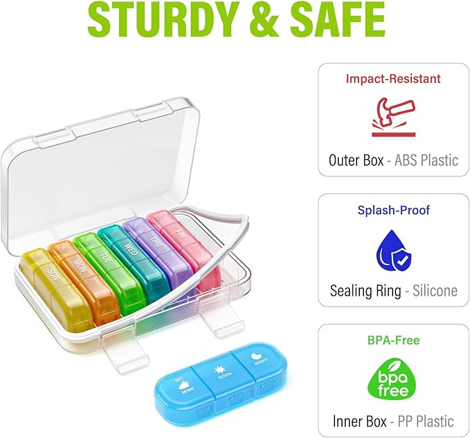 Vikie Weekly Pill Organizer 3 Times a Day, Morn NOON Night, BPA-Free, Portable & Moisture-Proof for Pills, Vitamins, Supplements (3x7 Transparent + Rainbow)