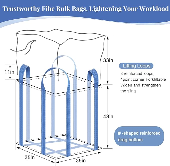 10 Pack FIBC Bulk Bag,2 Ton Bag,4400lbs SWL Safty Factor 3:1,35"L x 35"W x 43"H, Woven Polypropylene Bags,Duffle Top Flat Bottom,Heavy Duty Bulk Bags for Industry Agriculture