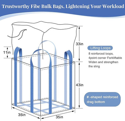 10 Pack FIBC Bulk Bag,2 Ton Bag,4400lbs SWL Safty Factor 3:1,35"L x 35"W x 43"H, Woven Polypropylene Bags,Duffle Top Flat Bottom,Heavy Duty Bulk Bags for Industry Agriculture