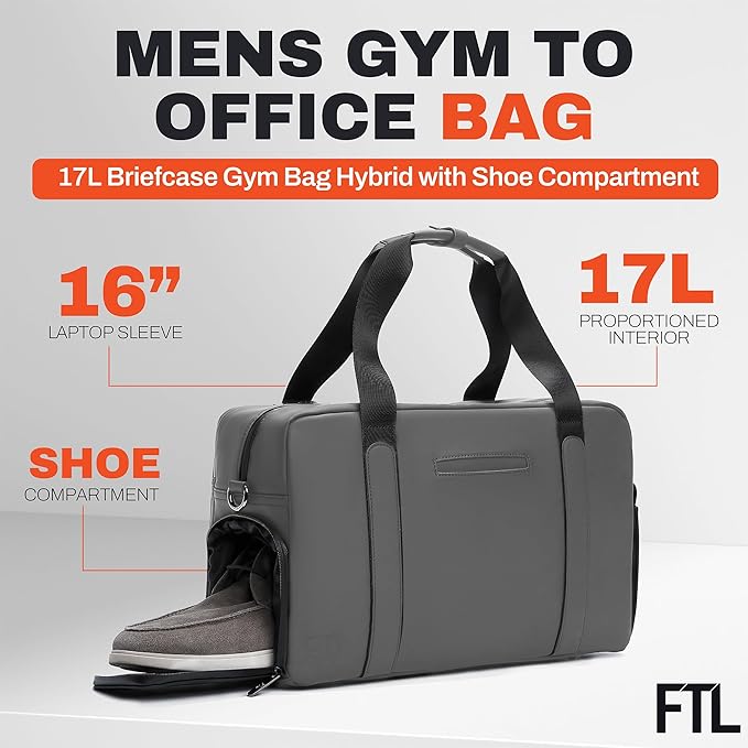 The FTL Lite Mens Gym to Office Bag - 17L Briefcase Gym Bag Hybrid with Shoe Compartment & 16" Laptop Sleeve - Executive Daily Carry & Overnight Duffel for Athletic Business Pros - Gray