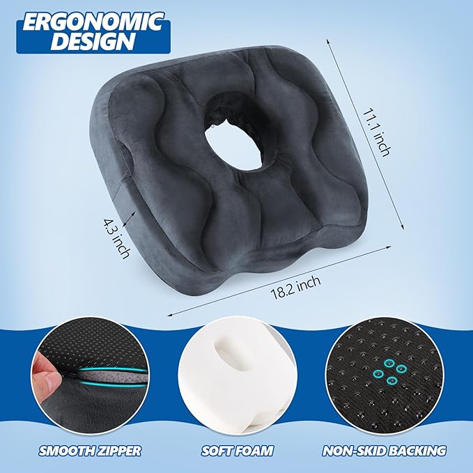 Seat Cushion for Office Chair, Tailbone & Sciatica Pain Relive, Butt Donut Pillow for Long Sitting Hours with Washable Cover, Soft Foam Cushion for Car, Wheelchair, Airplane, Truck (Dark Grey)