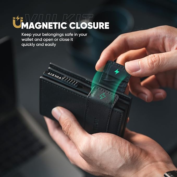 VULKIT Card Holder Bifold Pop Up Leather Wallet for Men RFID Blocking Metal Card Case, Holds 9 Cards and Banknotes Black