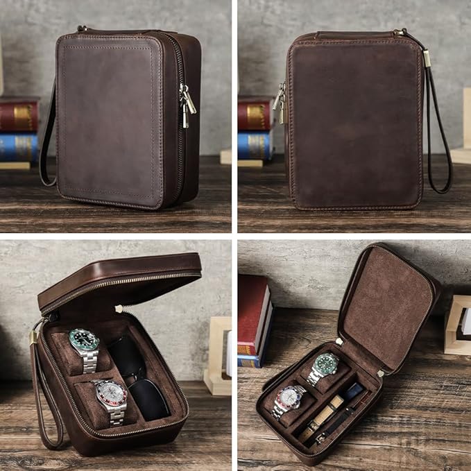 CONTACTS Full Grain Leather Watch and Glasses Case for Men Travel Jewelry Organizer for 2 Watches and Watch Straps or 1 Sunglasses Holder