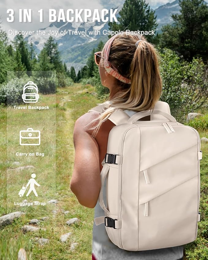 Capolo Travel Backpack for Women Men Waterproof Laptop Backpack Flight Approved Carry On Backpack Overnight Weekender Bag College Bookbag for Business, Work, Traveling Fits 17 '' Laptop,Beige