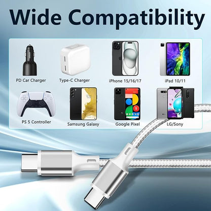 cugunu USB C to USB C Charger Cable, 5 Pack [3/3/6/6/10ft] Type C Fast Charging Cord High Data & Transfer Wire Compatible for iPhone 16/15/Pro/Plus/Pro Max iPad Pro Air 5 Samsung Galaxy(Silver)