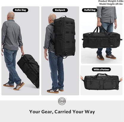 STOVER 100L U-Zip Rolling Duffel Bag with Wheels, X-Large Durable Travel Duffle + Toiletry Bag, Heavy Duty, Lay-Flat Opening, Packable w/Shoulder Straps- Use as Luggage or Backpack, Men/Women (Black)