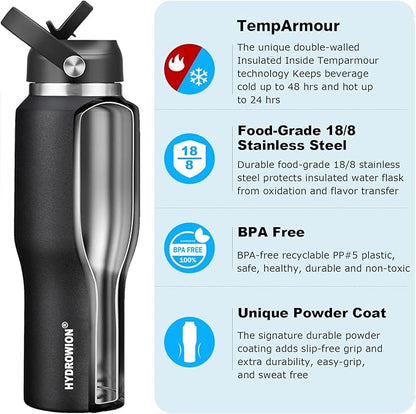 HYDROWION 40 oz Insulated Water Bottle with Straw fit in Car Cup Holder(Cold 48 hrs, Hot 24 hrs) Drinking Bottle with Straw Lid, Spout Lid and Flex Cap Leakproof Travel Thermo Mug，Black