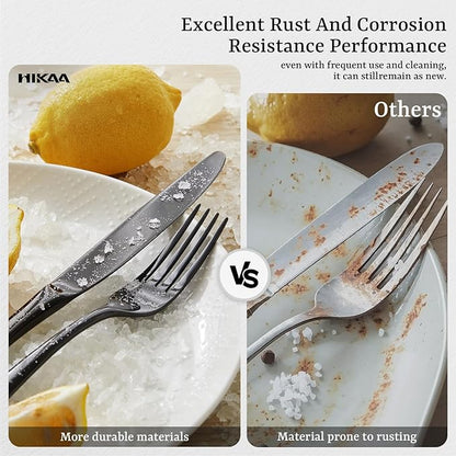 HIKAA Forged Silverware Set Stainless Steel Flatware Set,Service for 4,Matte Satin Polished Cutlery Set,Dishwasher Safe (Black, 20PCS)