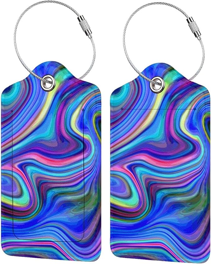 2-Packs Blue Purple Abstract Art Luggage Tags for Suitcases, Colorful Travel Label Tag with Privacy Cover Address Name ID & Stainless Steel Loop for for Adults Teens
