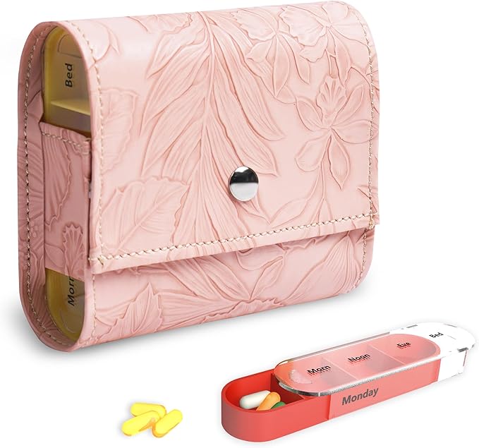 Pill Organizer,LIZIMANDU Weekly Travel Pill Case Box Medication Reminder Daily AM PM, Day Night 7 Compartments,for 4 Times A Day, 7 Days a Week-Includes Leather PU Carrying Case(1-Carved Pink)