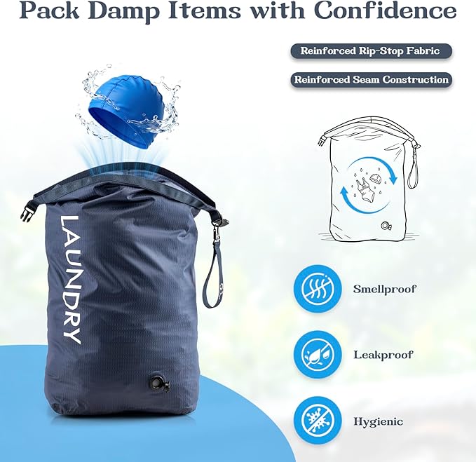 Travel Laundry Bag, Vacuum Compression Dirty Clothes Travel Bag, Waterproof Wet/Dry Space-Saving Laundry Storage Organizer, Smell Proof Storage Bag for Clothing, Swimming, Yoga, Gym, Camping