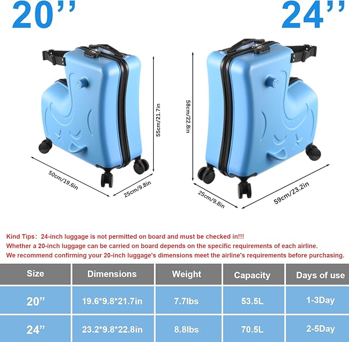 24 Inch Riding Trolley for Kids,Toddler Luggage Seat Ride with Lock | Kids Travel Suitcase with Safety Belt, Wheels for Toddler Airplane Travel, ABS+PC (Blue)