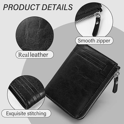 Minimalist Real Leather Wallet for Men with Zipper Card Holder and ID Window RFID Blocking Bifold Wallet (Black)